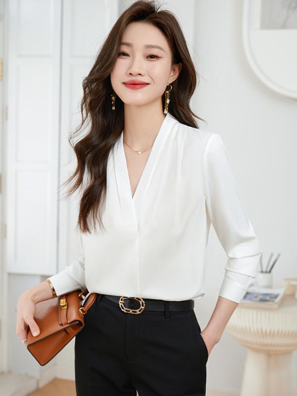 シャツ レディース 長袖 Vネック 白 春秋 ブラウス オフィス フォーマル トップス ポリエステル 形状記憶加工 通勤着 事務服