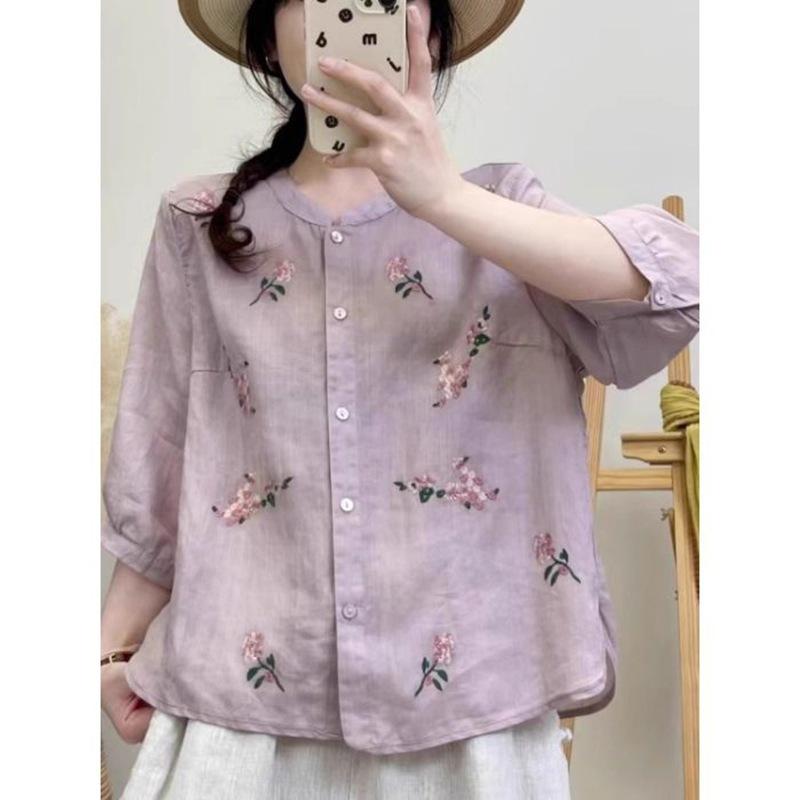 シャツ レディース 半袖 文芸風 レトロ 刺繍 トップス 春夏 ゆったり 立襟 コットン リネン パープル イエロー グリーン オレンジレッド M L XL 2XL 3XL