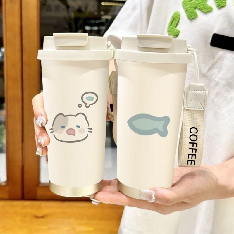 水筒 男女兼用 学生用 魔法瓶 ステンレス 大容量 500ml 携帯便利 かわいい 猫柄 保温 保冷 通勤 通学 ..