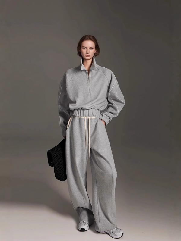 セットアップ レディース 春 スポーティー ライン入り 配色 ポロ襟 スウェット トレーナー パンツ ストレートパンツ 綿混紡 普段使い 部屋着