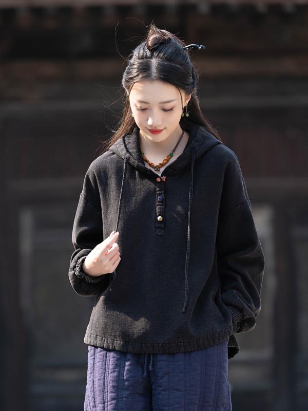 パーカー レディース コットンリネン 綿麻 裏起毛 厚手 フード付き トップス プルオーバー 暖かい 防寒..