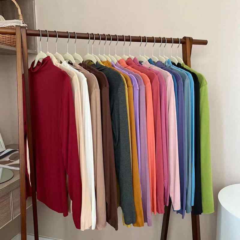 Tシャツ レディース カットソー 綿 モダール ハイネック 長袖 インナー トップス ワインレッド 杏色 ホ..