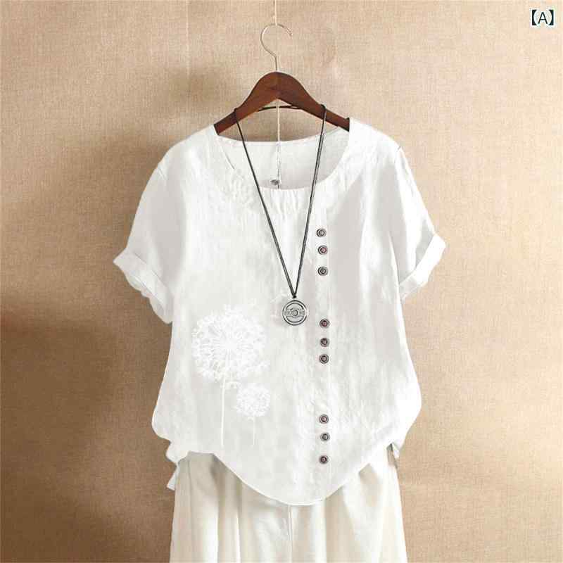 Tシャツ レディース 大きいサイズ 女性用 復古風 ゆったり 短袖 プルオーバー 綿麻素材 コットン 麻 半袖 トップス 丸首 普通丈 純色 印花柄 春夏 白色 グリーン ブルー 快適 休闲 文艺 スタイル