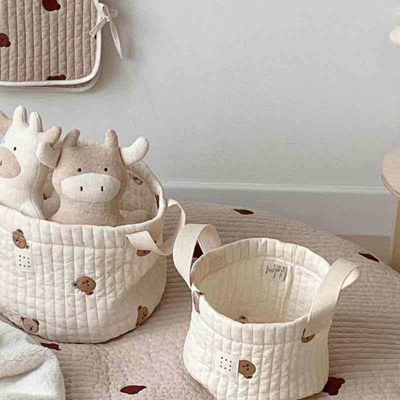 収納袋 ベビー キッズ おむつ 衣類 玩具 収納 バッグ コットン 折りたたみ 大容量 ベージュ 花柄 刺繍 ..