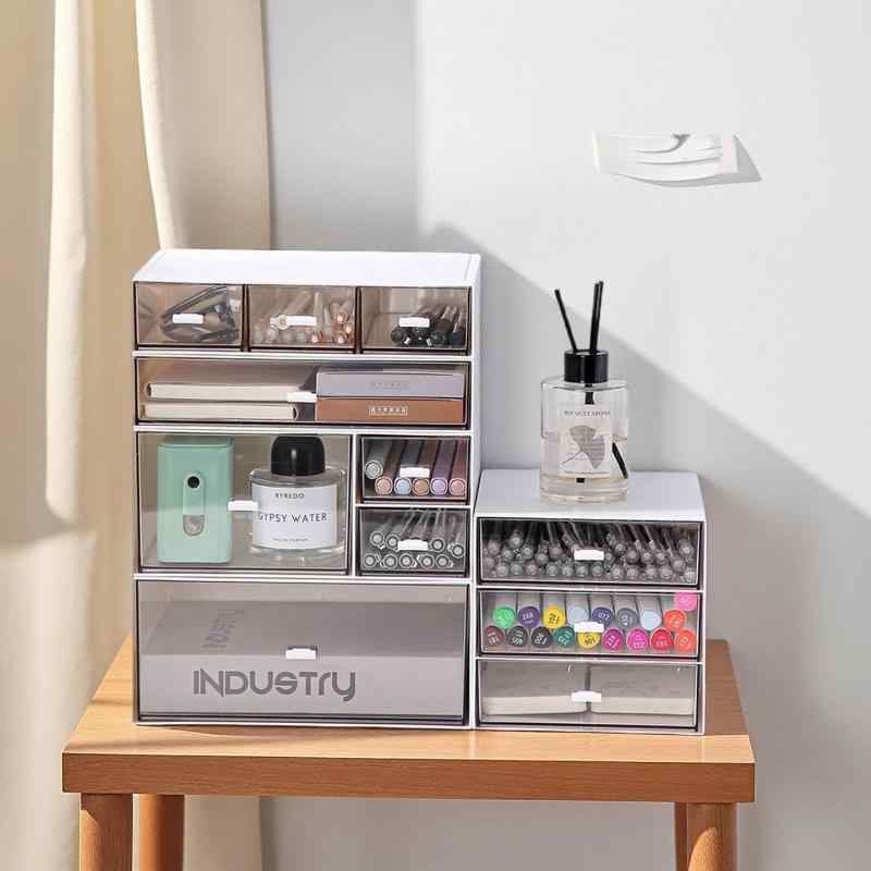 卓上収納ボックス レディース デスクオーガナイザー 組み合わせ可能 積み重ね可能 引き出し付き アクリル製 多層 メイクボックス パーテーション付き 防水 防塵 ホワイト ピンク系 ブルー