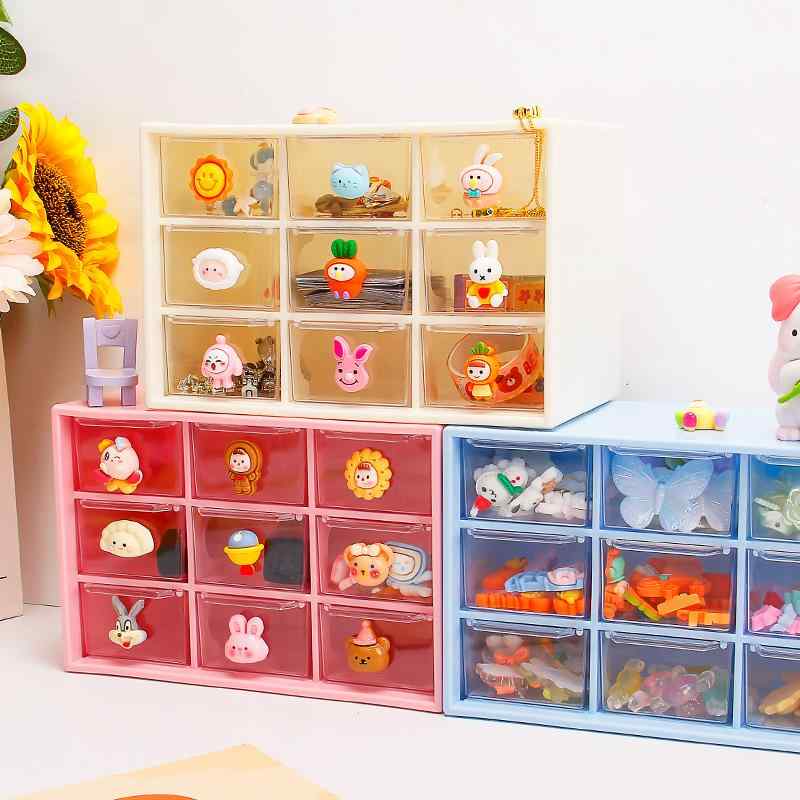 収納ケース レディース ガールズ 卓上 文具 首飾り コスメ 防塵 引き出し式 九宮格 プラスチック製 ホ..