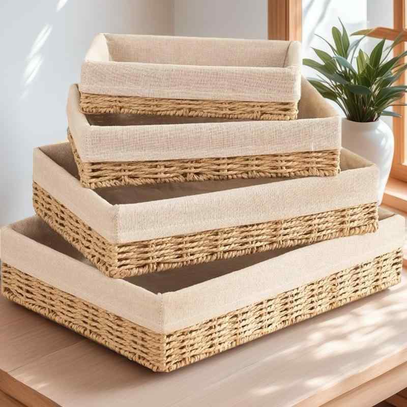 収納かご 収納ボックス 卓上収納 小物入れ 藤編み風 浅型 トレイ リビング 寝室 ベッドルーム 雑貨 リ..