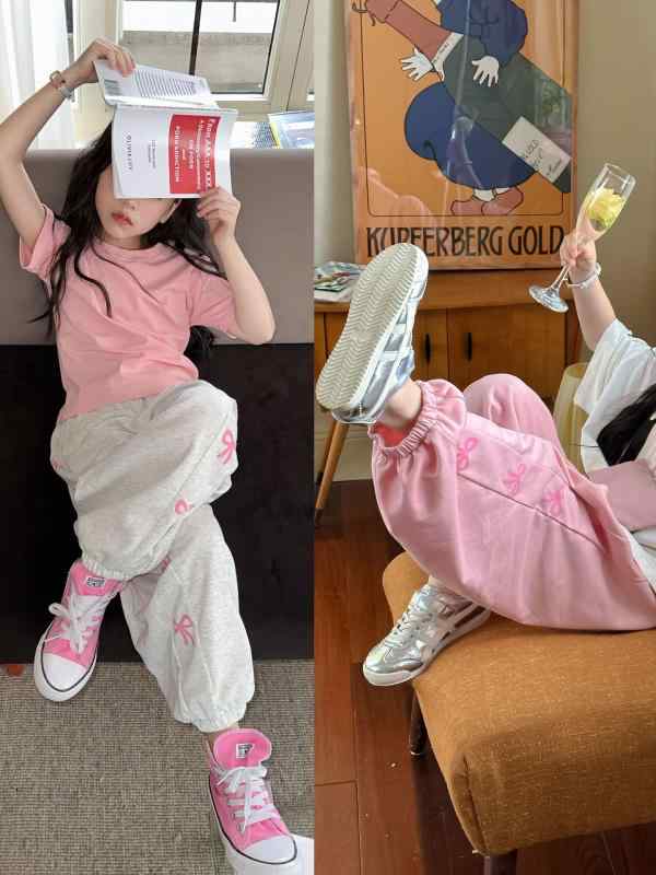 パンツ キッズ 男女兼用 運動着 スウェットパンツ 春夏 蝶結び付き ピンク系 花白 100cm 110cm 120cm 130cm 140cm 150cm 160cm