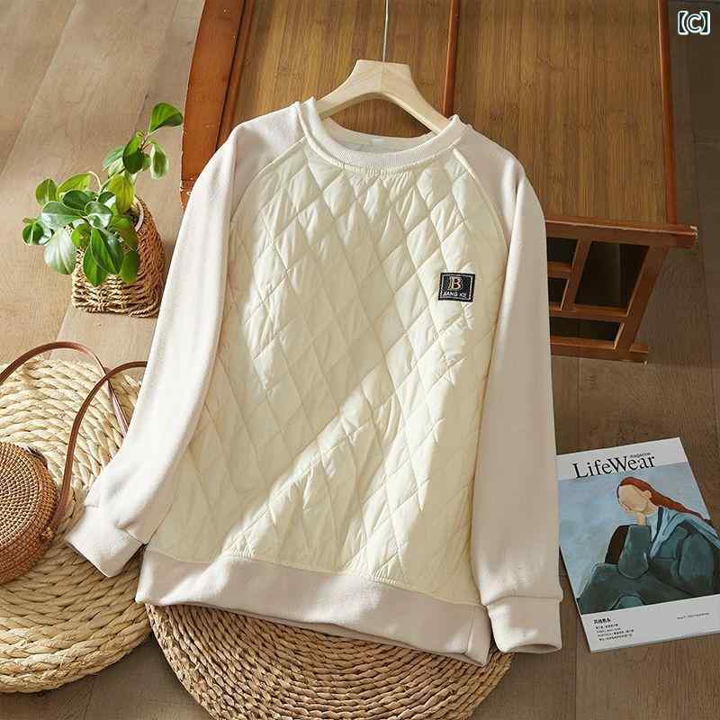 スウェット レディース 秋冬 あったか 防寒 裏起毛 ひし形 格子柄 ラウンドネック プルオーバー トップス チュニック ブラック レッド ベージュ M L XL 2XL 3XL