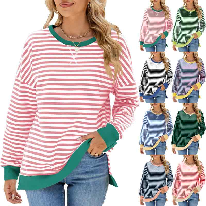 卫衣 レディース 秋冬 配色 ラウンドネック スリット 長袖 ゆったり 条纹 棉 混紡 トップス チュニック 普段使い 通勤