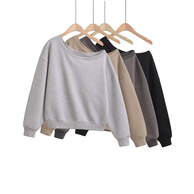 スウェット レディース 斜めがけ 肩だし トップス 秋冬 ゆるかわ 長袖 プルオーバー 花灰 カーキ 炭灰 ブラック