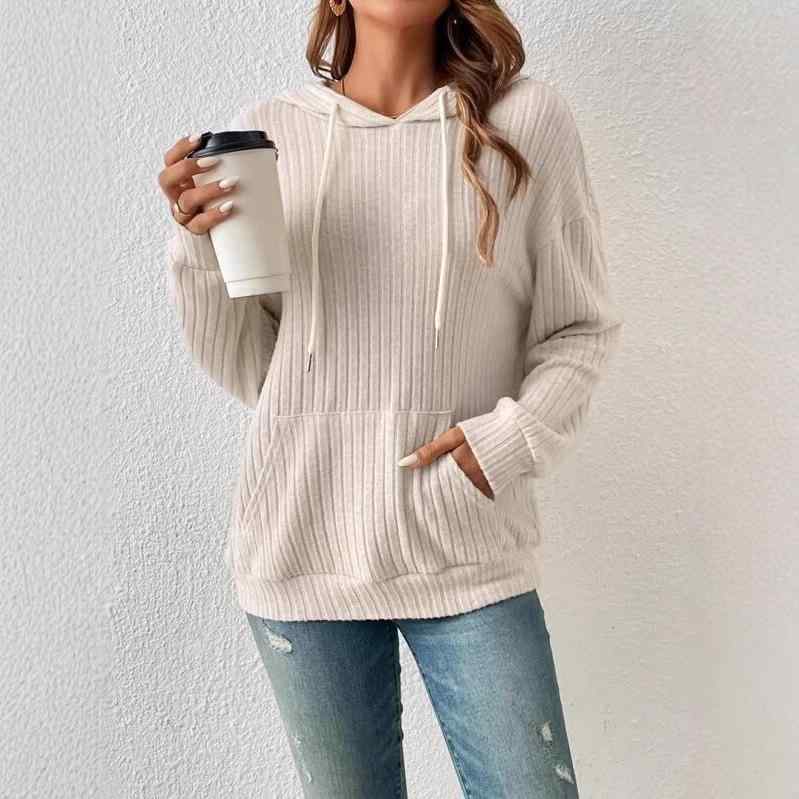 ニット レディース パーカー 秋冬 欧米風 ストリート カジュアル プルオーバー 長袖 フード付き カンガルーポケット リブ編み トップス 黒 ブラック グレー