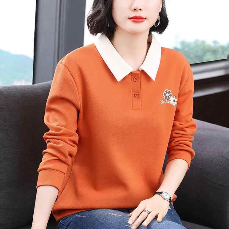 スウェット レディース 春秋用 コットン 襟付き 厚手 ミディアム丈 プルオーバー ゆったり 大きめサイズ オレンジ ピンク系
