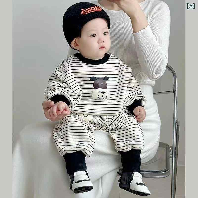 ベビー服 上下セット 裏起毛 トレーナー パンツ 秋冬 男女兼用 幼児 ストライプ コ...