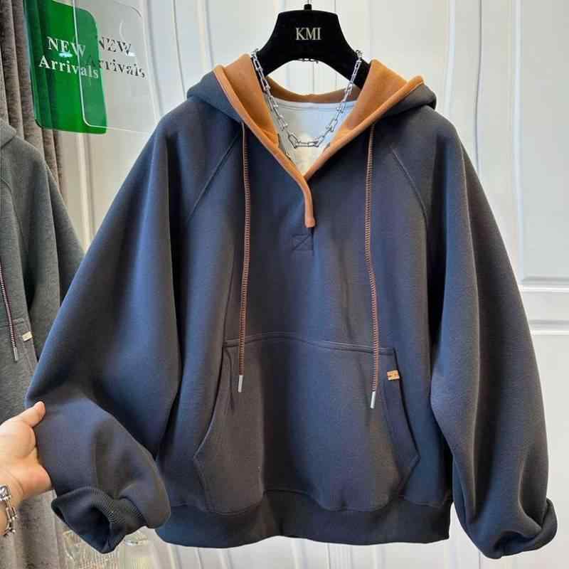 パーカー レディース 大きいサイズ 配色 切り替え ドローストリング フード付き ゆったり スウェット トレーナー 秋冬 体型カバー 着痩せ 深灰色 紫 花灰色