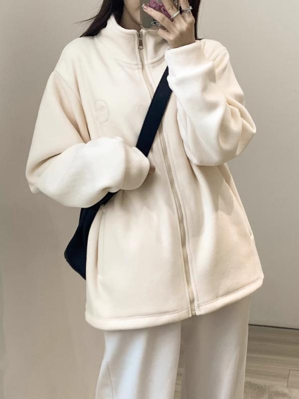 フリースジャケット レディース 羊羔毛（ラムウール） スウェット 秋冬 裏起毛 立ち襟 刺繡（ししゅう） ゆるかわ アウター ジャンパー 普段使い 紺色（ネイビー） ベージュ M L XL XXL