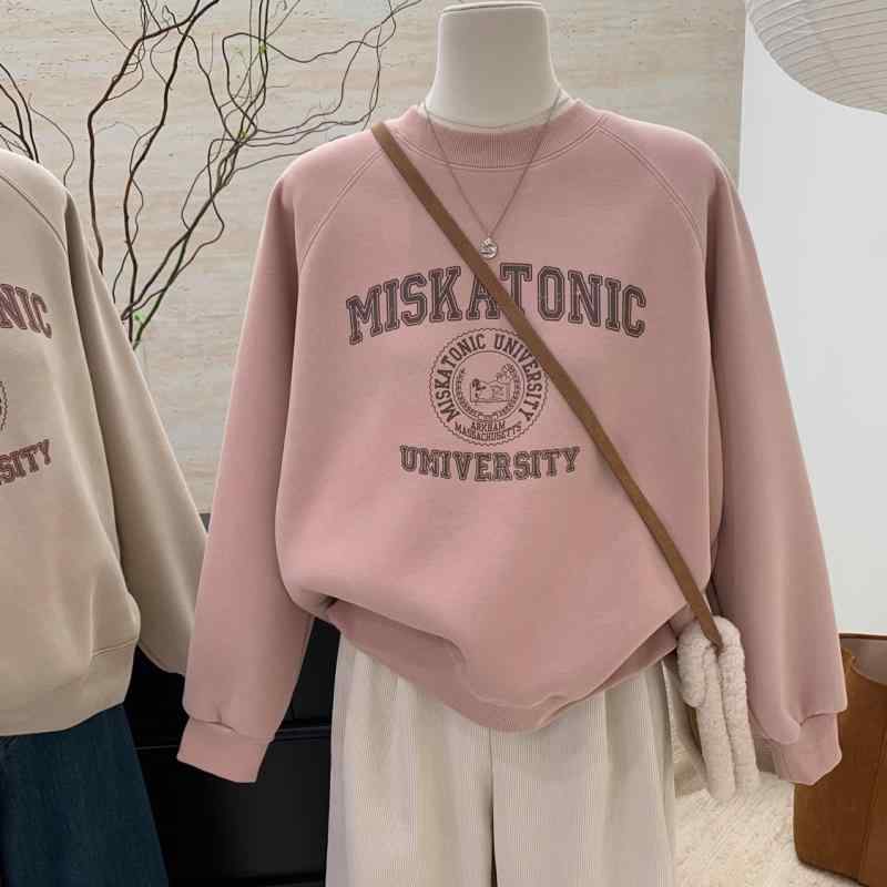 スウェット レディース 春秋 厚手 裏起毛 プルオーバー ゆったり 長袖 トップス ラウンドネック 部屋着 私服 デート ピンク系 白 グレー アプリコット