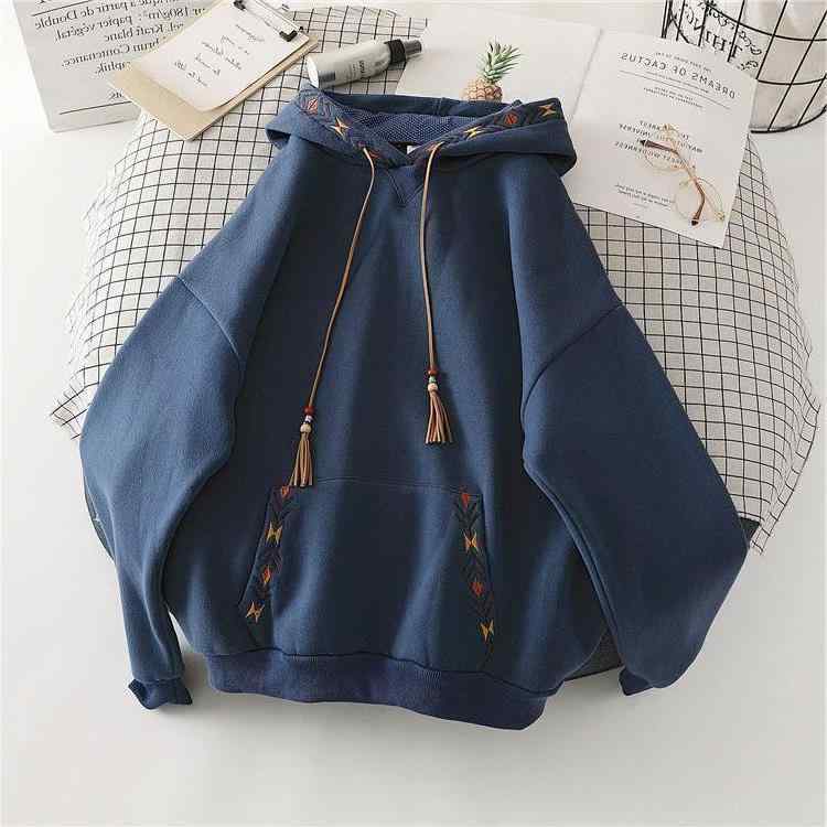 スウェット レディース 刺繍 秋冬 裏起毛 デザイン レトロ ゆったり カジュアル スポーツ ミックス 上着 トップス 杏色 ブルー(4.0)