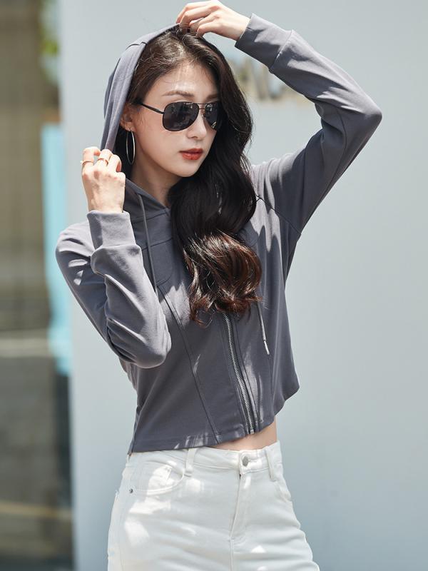 パーカー レディース 綿製 ジップアップ フード付き 長袖 ショート丈 デニム ジャケット コーヒー色 ダークグレー 無地 カジュアル 通勤