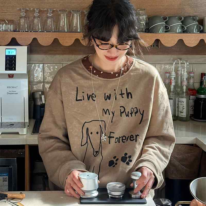 パーカー レディース 秋冬 プルオーバー 長袖 トップス トレーナー カットソー ラウンドネック アクリル混紡 ゆったり オーバーサイズ ドロップショルダー プリント入り カジュアル かわいい 韓国ファッション(4.0)