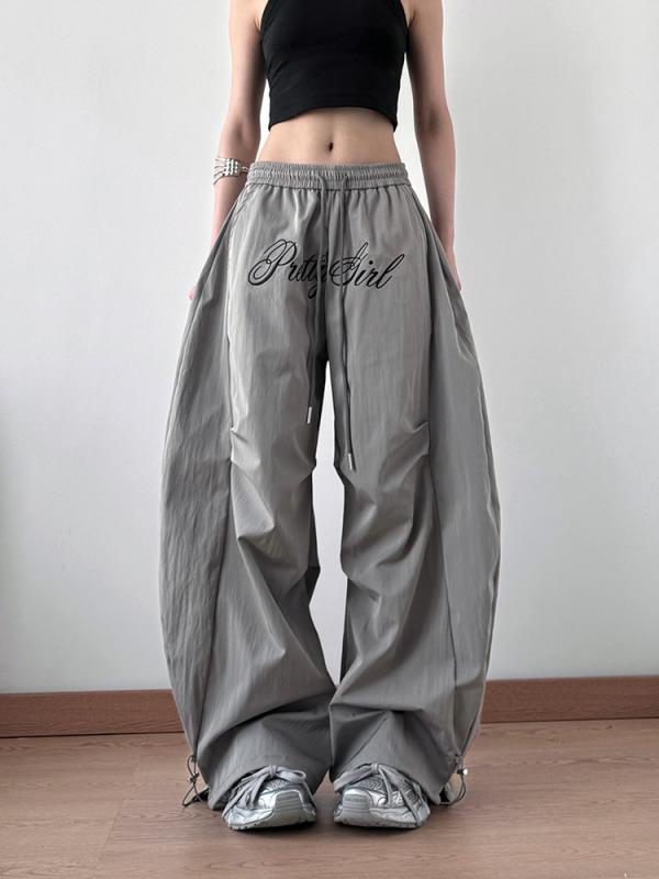 パンツ レディース 灰色 刺繍 ゆったり ワイドレッグ カーゴパンツ 春 スラックス