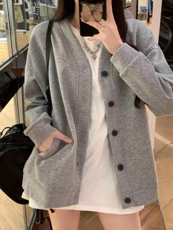 スウェット レディース グレー カーディガン 秋冬 Vネック 長袖 Composite 複合生地 ゆったり リラックス カジュアル かわいい