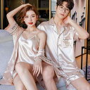 パジャマ レディース メンズ 春秋 接触冷感 寝間着 ルームウェア 上下セット 夫婦 シルク風 薄手 半袖 5分丈パンツ シャンパン色 ワインレッド 紺