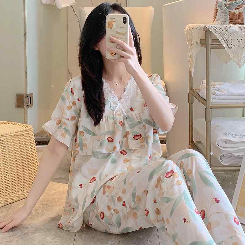 パジャマ レディース 春夏 綿 接触冷感 半袖 長ズボン 上下セット ルームウェア 部屋着 Vネック 薄手 ゆったり 大きめサイズ 米ベージュ 薔薇 ピンク 四つ葉 灰色 緑 かわいい