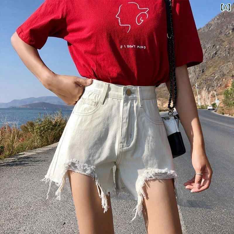 デニム ショートパンツ レディース 高腰 春夏 デニム素材 綿混 直筒 膝上丈 ボタン ストリート 潮流 ワイドレッグ Aライン ラフ 毛フェルト加工 破れ加工 ホットパンツ 女性用 デニム デニム生地 コットン コットン混紡 筒型パンツ 膝丈 ハイウエ(4.0)