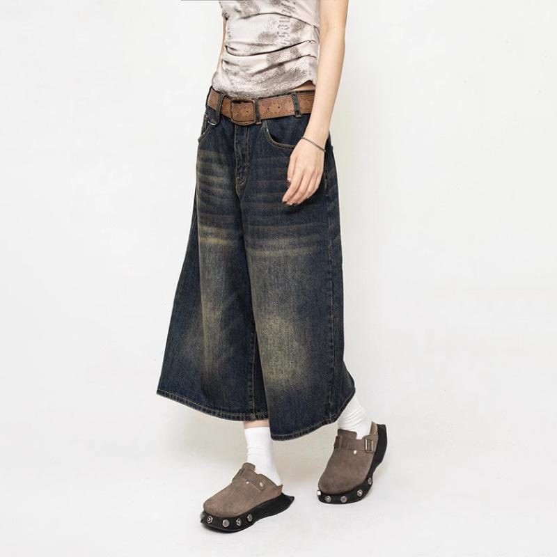 レディース 牛仔パンツ 七分丈 ハイウエスト ワイドレッグ 直筒 夏 春夏 復古 ヴィンテージ風 加工 黒 深藍 藍 街頭 ストリート 潮人 スタイル 基本款 牛仔布 ポリエステル 繊維 微彈 伸縮性 免烫 処理 個性 跨境 軽量 通勤 普段使い アウト