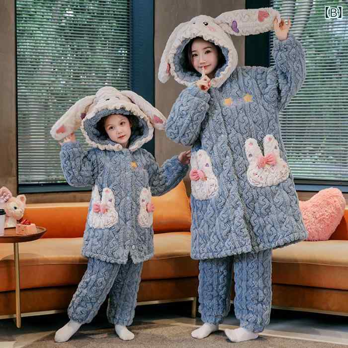 子供用パジャマ 女児 三層 珊瑚マイヤー 中綿入り 裏起毛 フード付き 厚手 ルーム...
