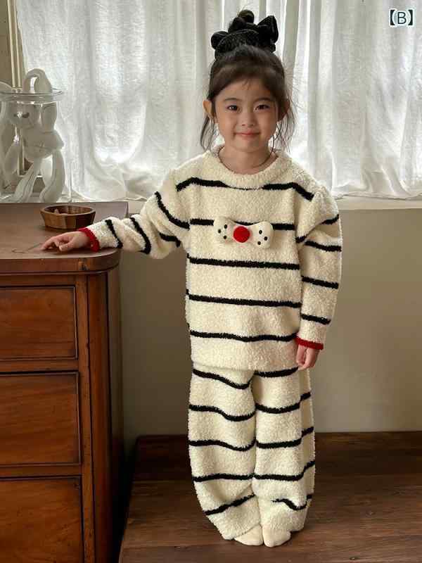 シャドーテールの子供用パジャマ 上下セット ルームウェア 韓国風ストライプ柄 3歳 4歳 5歳 6歳 7歳 8歳 90cm 100cm 110cm 120cm 130cm 140cm 150cm ポリエステル ふわふわ 暖か｜アングル3