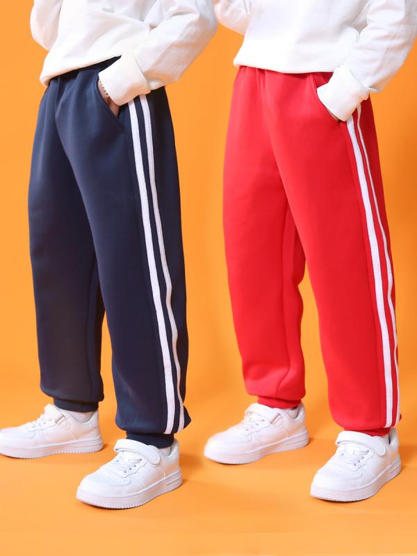 Other - 子供用パンツ キッズ 男女兼用 スポーツパンツ 春秋 長ズボン 小学生 スクールパンツ 2本ライン 赤色 紺色 ポリエステル 綿混紡 伸縮性 ミドルウエスト