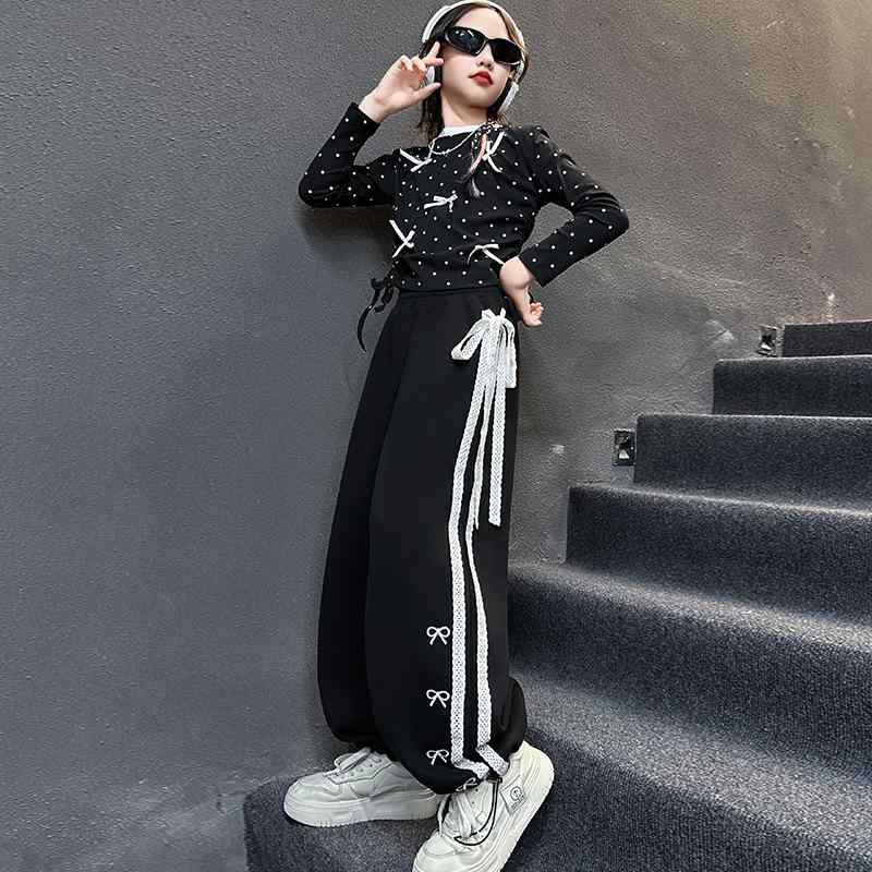 子供服 パンツ 女の子 春秋 ズボン 8歳以上 140cm以上 向け 長ズボン ポリエステル ＆ 綿 混紡 ゆったり 運動着 カジュアル 黒色 灰色