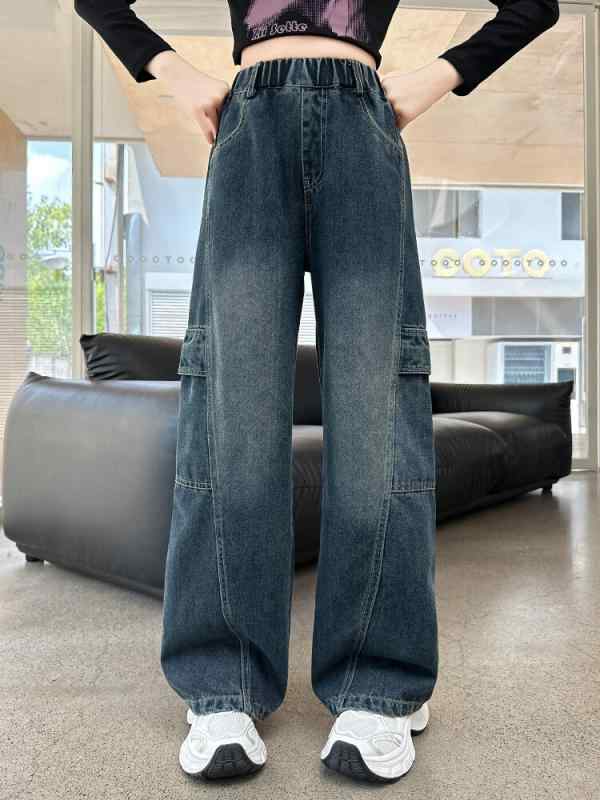 子供服 ジーンズ デニム 作業着 パンツ ガールズ 春秋 レトロ ストレート ゆったり ワイドレッグ パンツ 高学年 女児 ジーパン 綿90%以上 ブルー 120cm 130cm 140cm 150cm 160cm 170cm