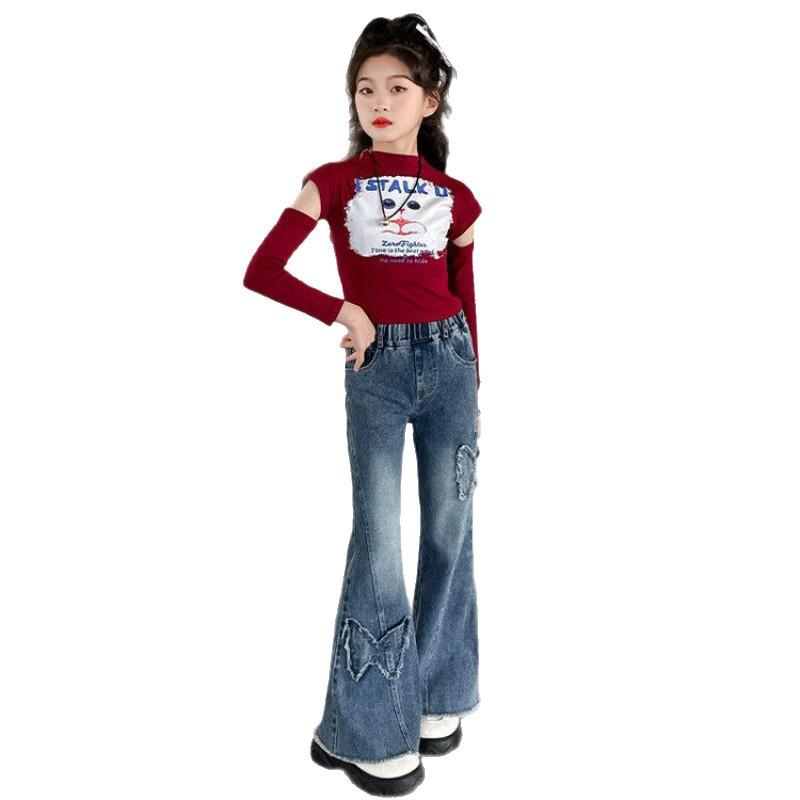 子供服 デニムパンツ 女の子 デニム ズボン 長ズボン パンツ 春夏 高学年 向け 高腰 伸縮性 バタフライ かわいい ガールズ 女児 ボトムス 普段着 レジャー 120 130 140 150 160 170