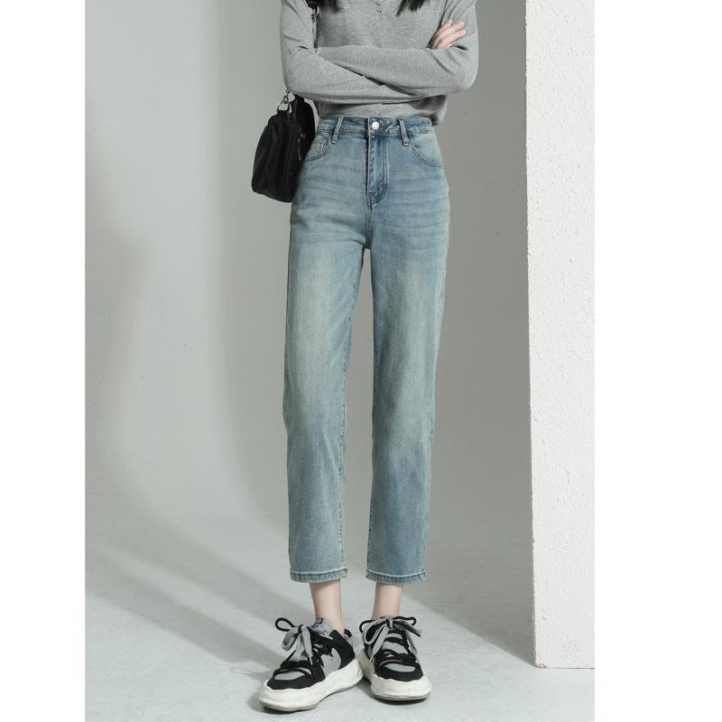 レディース デニムパンツ 春夏 黒 中間色 ハイウエスト ストレート ワイド スリム 膝下丈 煙管 基本 気質 通勤 快適 デニム風 マイクロストレッチ ポケット ポリエステル 混合 アイロン不要 ゆったり 軽量 普段使い