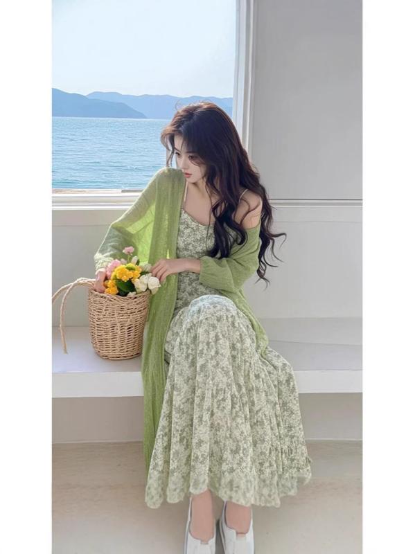 レディース ニット カーディガン 花柄 ワンピース セット 春季 涤纶 ポリエステル 長袖 長スカート 日韓 スタイル 休闲 ファッション ..