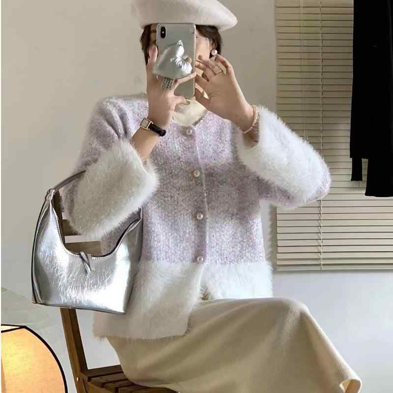 ニット レディース 秋冬 カーディガン 水貂 털(Mao) ふわふわ 厚手 ゆったり トップス 長袖 ポロネック 無地 緑 紫