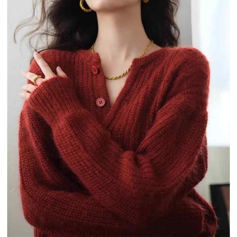 ニットカーディガン レディース 秋冬 赤 ニット トップス ショート丈 長袖 丸首 酒 красный ワインレッド 通勤 普段使い