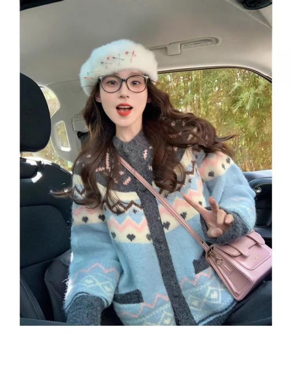 カーディガン レディース ニットカーディガン 長袖 丸首 幾何学模様 フェアアイル柄 レトロ ゆったり 厚手 暖かい リラックス ルーズ 日韓スタイル