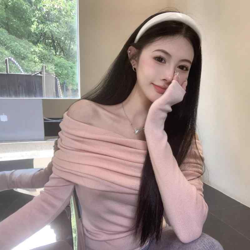 ニット レディース 一字肩 トップス 長袖 プルオーバー 接触冷感 ピンク系 黒 春ニット 春物