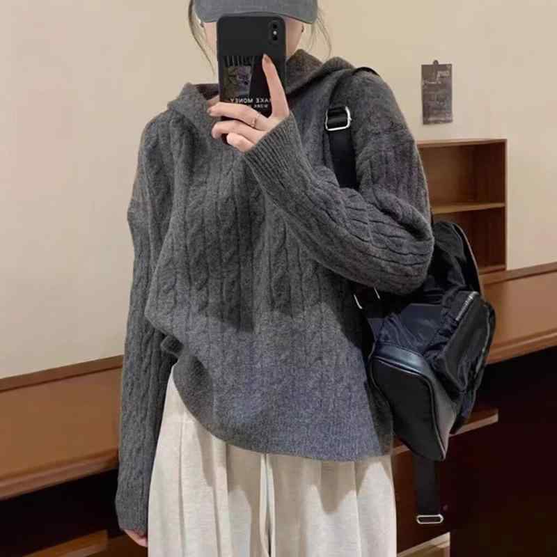 ニット レディース ケーブル編み フード付き プルオーバー セーター ゆったり Vネック 長袖 トップス 秋冬 灰色 コーヒー色 白 カーキ..