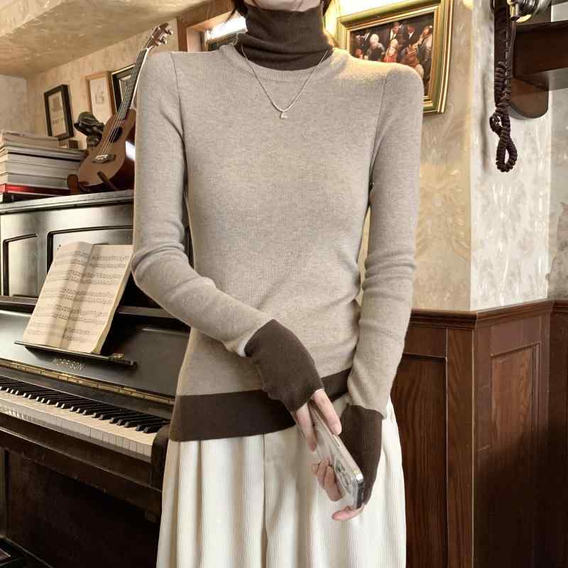 Three-Quarter Knit - ニット レディース 配色 ハイネック 長袖 プルオーバー 秋冬 トップス カットソー フェイクレイヤード 厚手 ゆったり 普段使い かわいい 韓国風 デイリー リラックス ウェア