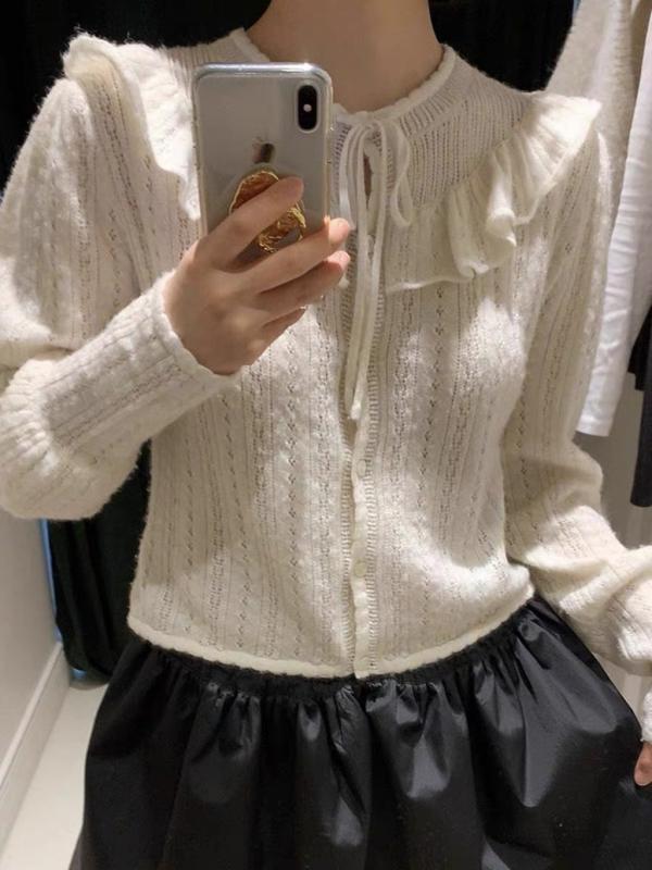 カーディガン レディース コットン ニット 長袖 丸首 レース 春 日韓風 カジュアル トップス 杏色