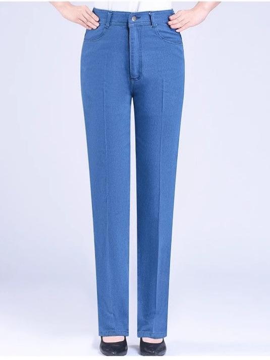 乐天商城 - レディース デニムパンツ 牛仔裤 女性用 中年 ママ ワイドパンツ ハイウエスト 厚手 ストレート ストレッチ デニム 素材 綿 ポリエステル 混紡 長ズボン 基本款 直筒型 街頭 潮人 スタイル 牛仔風 快適 休闲 深藍 浅藍 黒 中厚 春季 弾力 中
