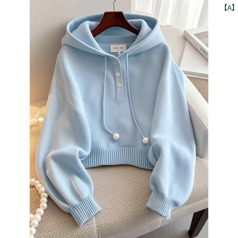 シャドーテールのニット レディース 春秋 韓国風 ブルー 長袖 パーカー プルオーバー 普段使い 通勤 粘胶纤维｜アングル2