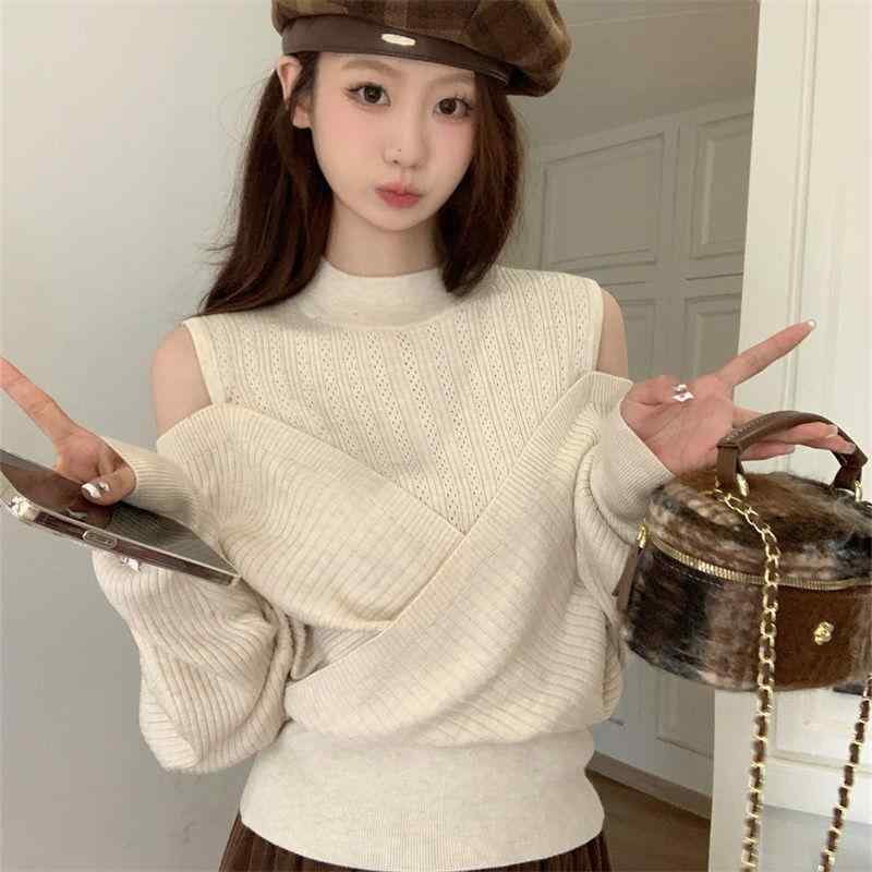 ニット レディース トップス 秋冬 長袖 半ハイネック 肩出し 接触冷感 粘性繊維 プルオーバー ゆったり かわいい 通勤 オフィス カジュアル きれいめ 韓国風 薄手 重ね着風 レイヤード風 無地 黒 ブラック ベージュ