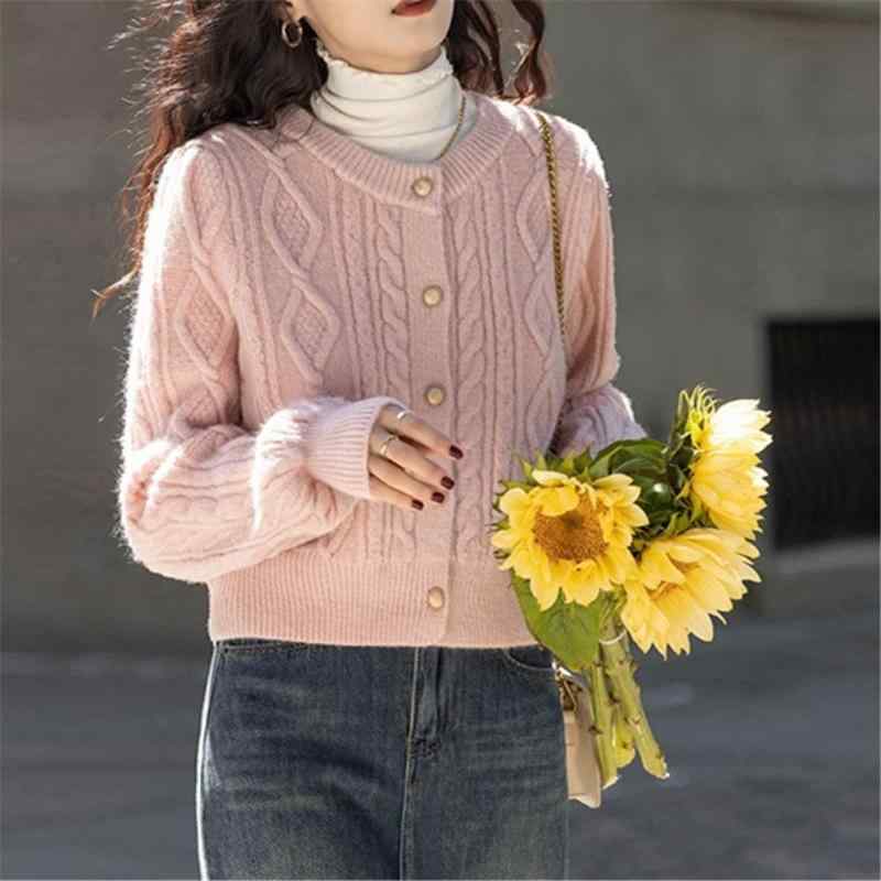 ニットカーディガン レディース 秋冬 ニット トップス 長袖 丸首 無地 ショート丈 伸縮性 普段使い かわいい ガーリー フェミニン ブルー ピンク系 ホワイト レッド