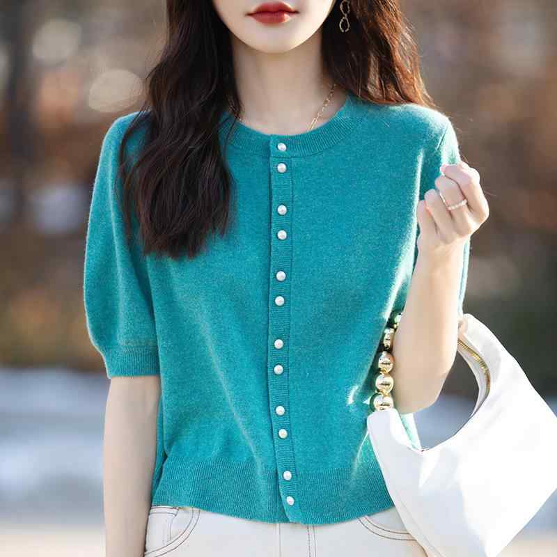 カーディガン レディース 薄手 ラウンドネック ニット トップス ショート丈 スリムフィット 無地 きれ..